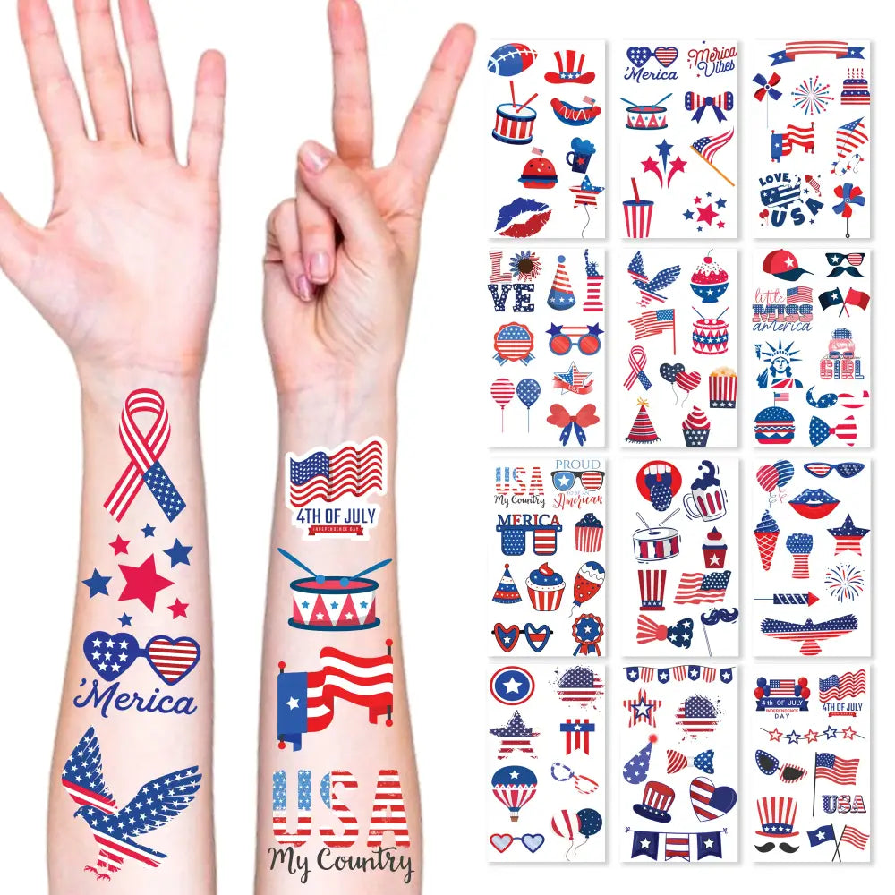 4Eโs Novelty Patriotic Temporary Tattoos 100 Pcs 4th of July Tattoos Fake Tattoos for Independence Day Party Supplies