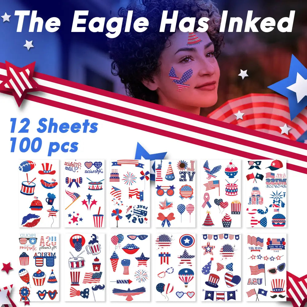 4Eโs Novelty Patriotic Temporary Tattoos 100 Pcs 4th of July Tattoos Fake Tattoos for Independence Day Party Supplies