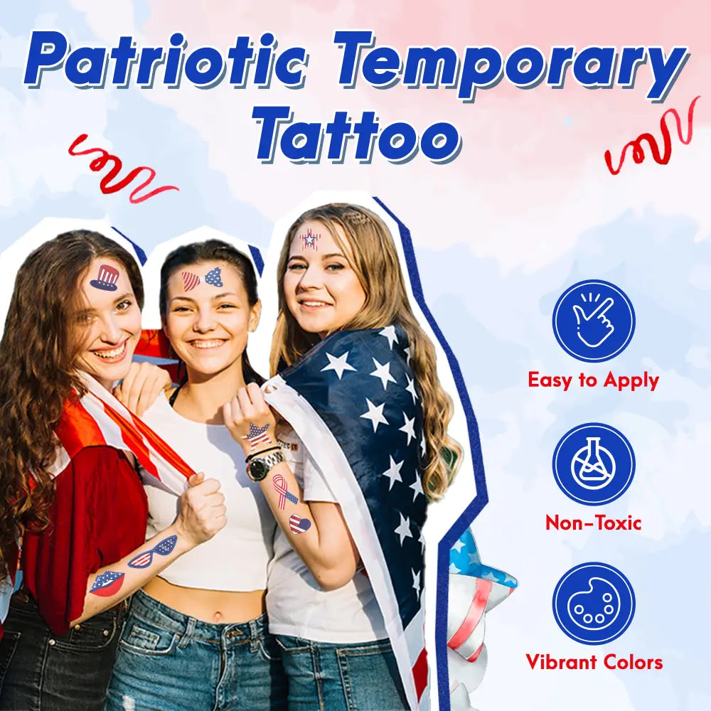 4Eโs Novelty Patriotic Temporary Tattoos 100 Pcs 4th of July Tattoos Fake Tattoos for Independence Day Party Supplies