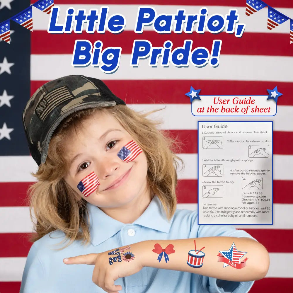 4Eโs Novelty Patriotic Temporary Tattoos 100 Pcs 4th of July Tattoos Fake Tattoos for Independence Day Party Supplies