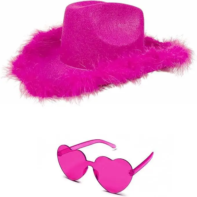 4E’s Novelty Pink Feathers Cowboy Hat with Heart Sunglasses – Coastal Cowgirl Party Pack
