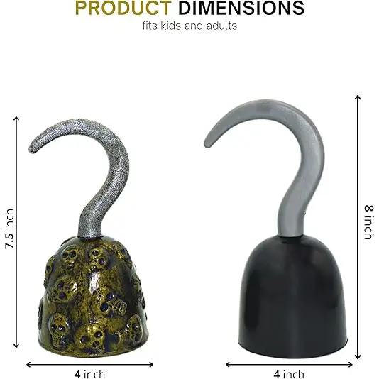 4Eโs Novelty Pirate Hook Hand (2 Pack) 8โโ Pirate Hooks for Men Women Boys & Girls - Black & Gold Skull Pirate