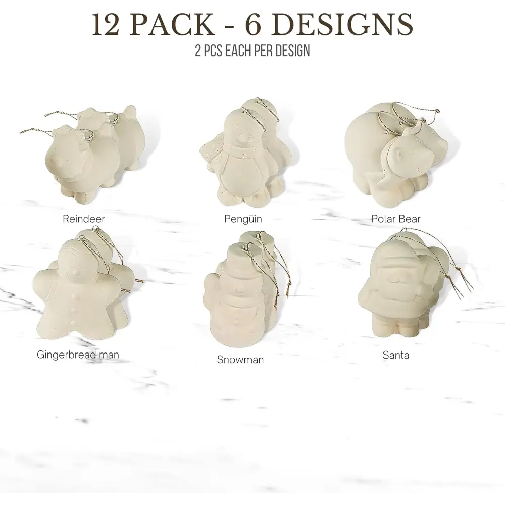 4E’s Novelty Ready to Paint Ceramic Ornaments – DIY Holiday Craft Kit for All Ages 12-Pack