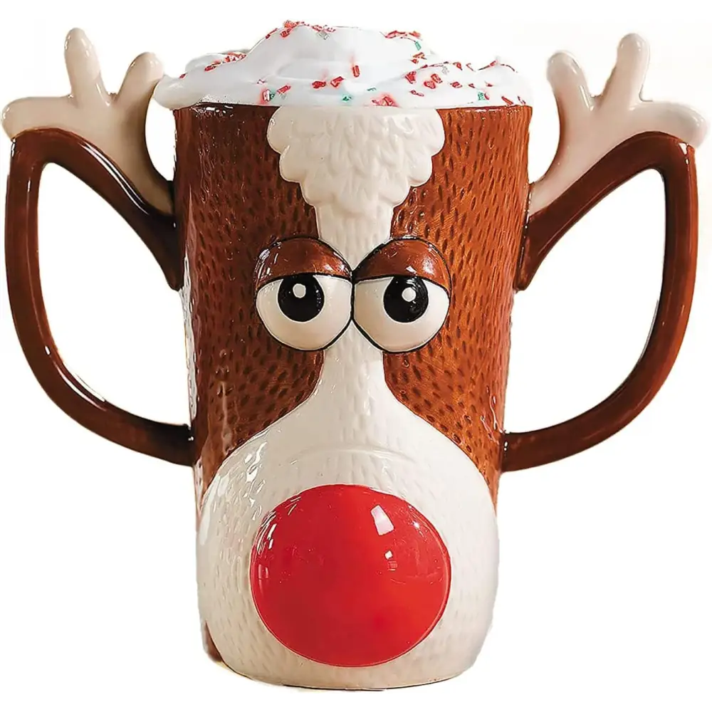 4E’s Novelty Reindeer Face Ceramic Mug – Fun Christmas Mug 16oz Dishwasher & Microwave Safe