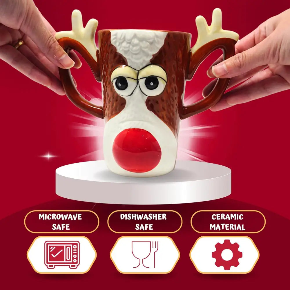 4E’s Novelty Reindeer Face Ceramic Mug – Fun Christmas Mug 16oz Dishwasher & Microwave Safe