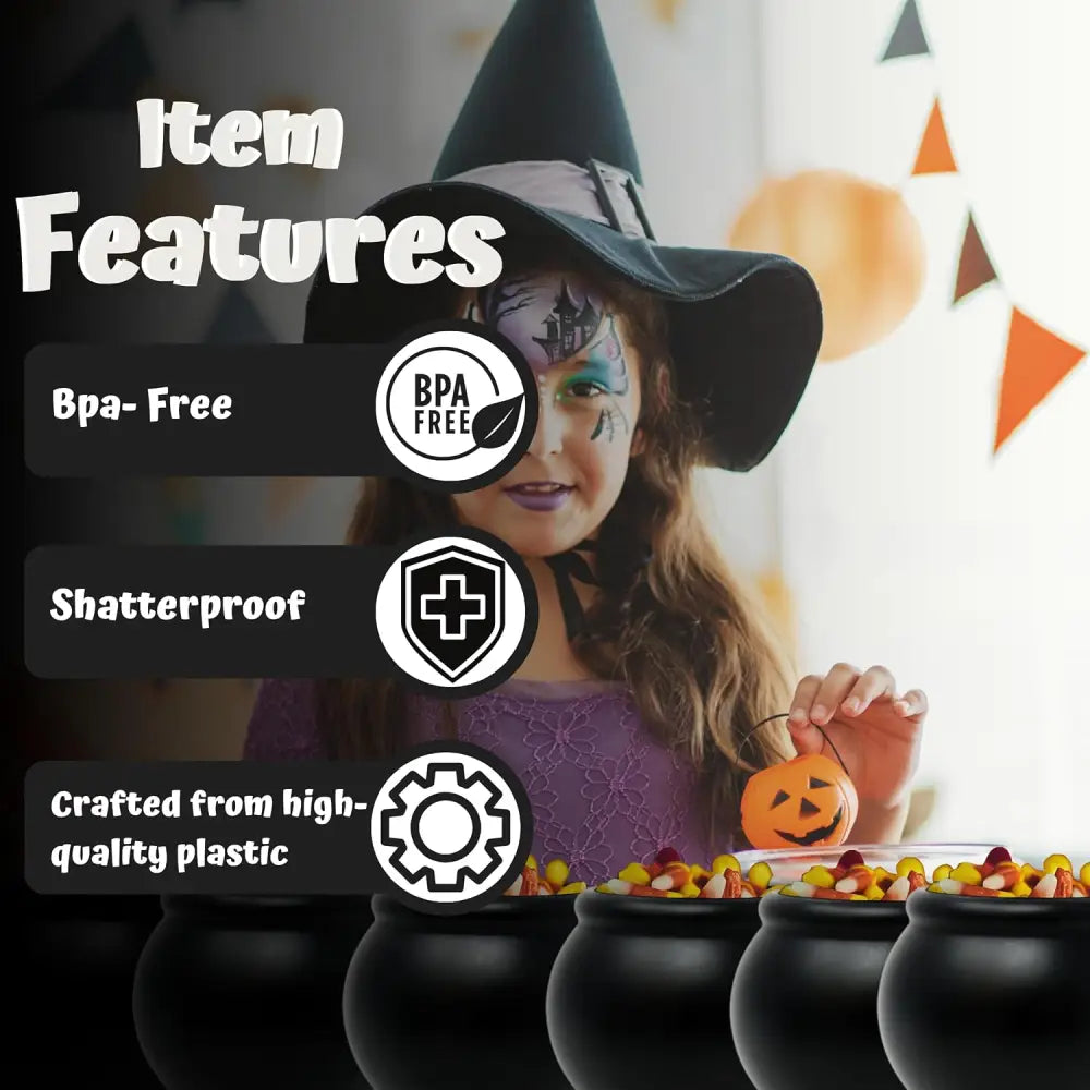 4E’s Novelty Set of 12 Black Cauldron Mugs 12 oz Halloween Cauldron Cups for Drinks Durable BPA-Free Plastic Halloween
