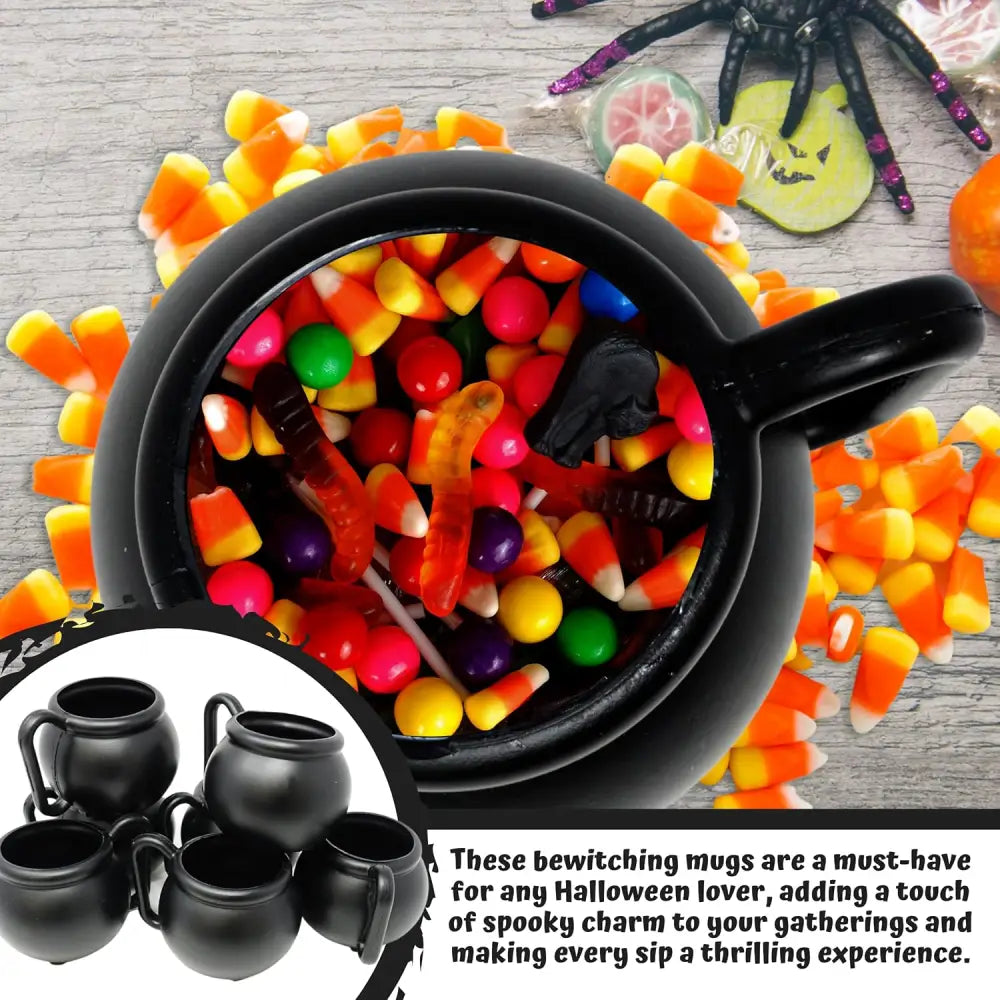 4E’s Novelty Set of 12 Black Cauldron Mugs 12 oz Halloween Cauldron Cups for Drinks Durable BPA-Free Plastic Halloween