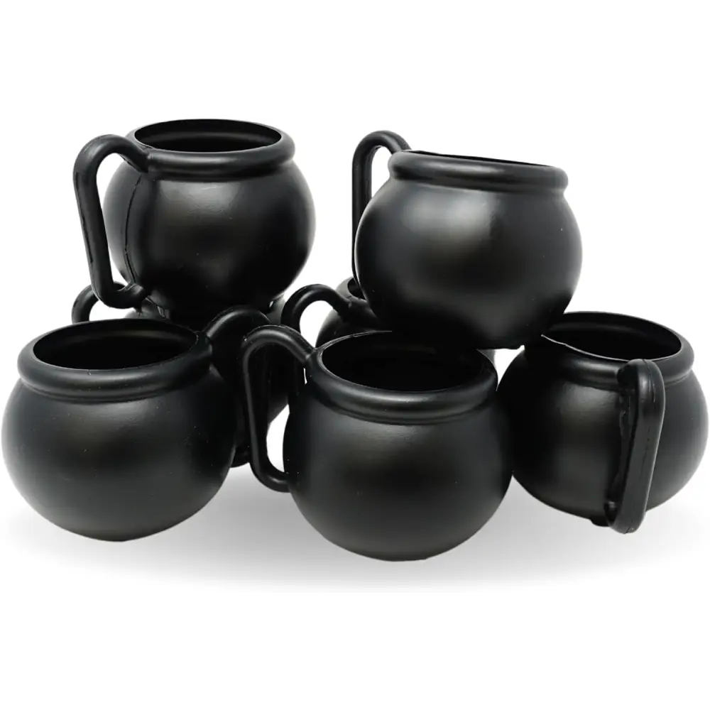 4E’s Novelty Set of 12 Black Cauldron Mugs 12 oz Halloween Cauldron Cups for Drinks Durable BPA-Free Plastic Halloween