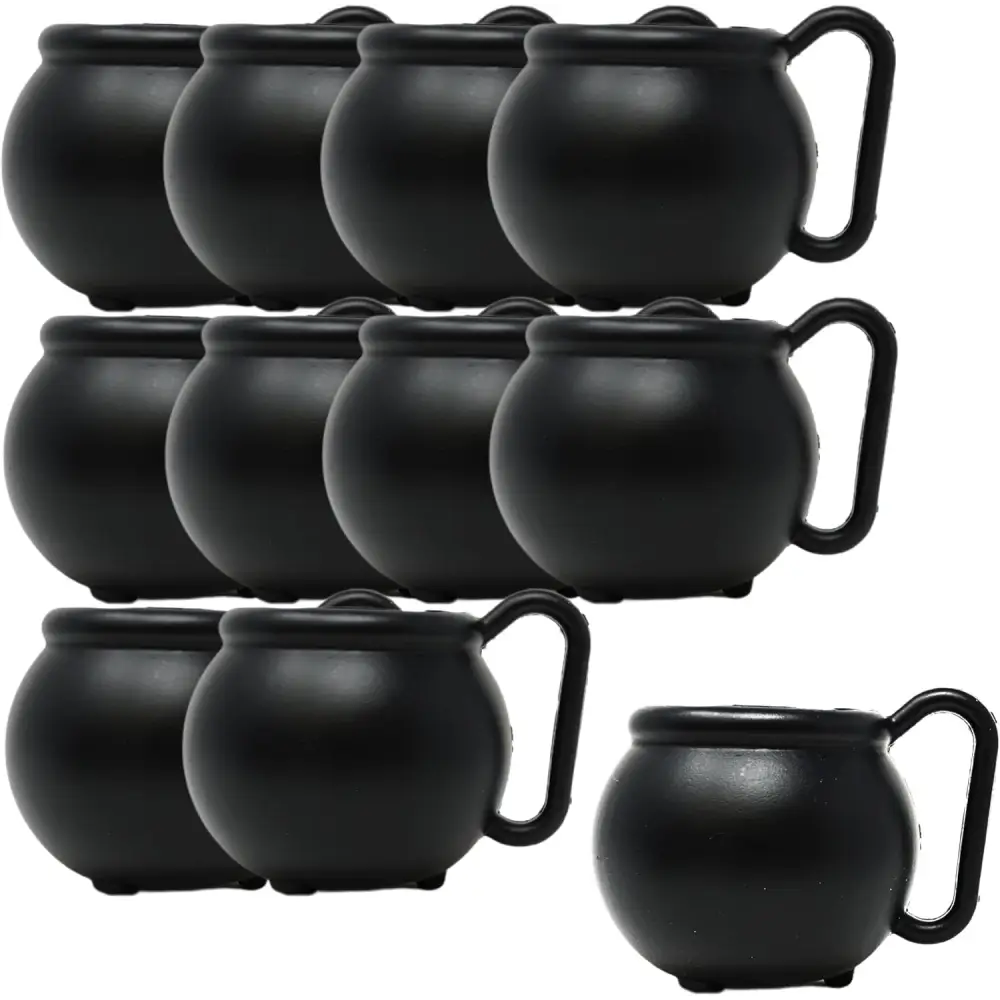 4E’s Novelty Set of 12 Black Cauldron Mugs 12 oz Halloween Cauldron Cups for Drinks Durable BPA-Free Plastic Halloween