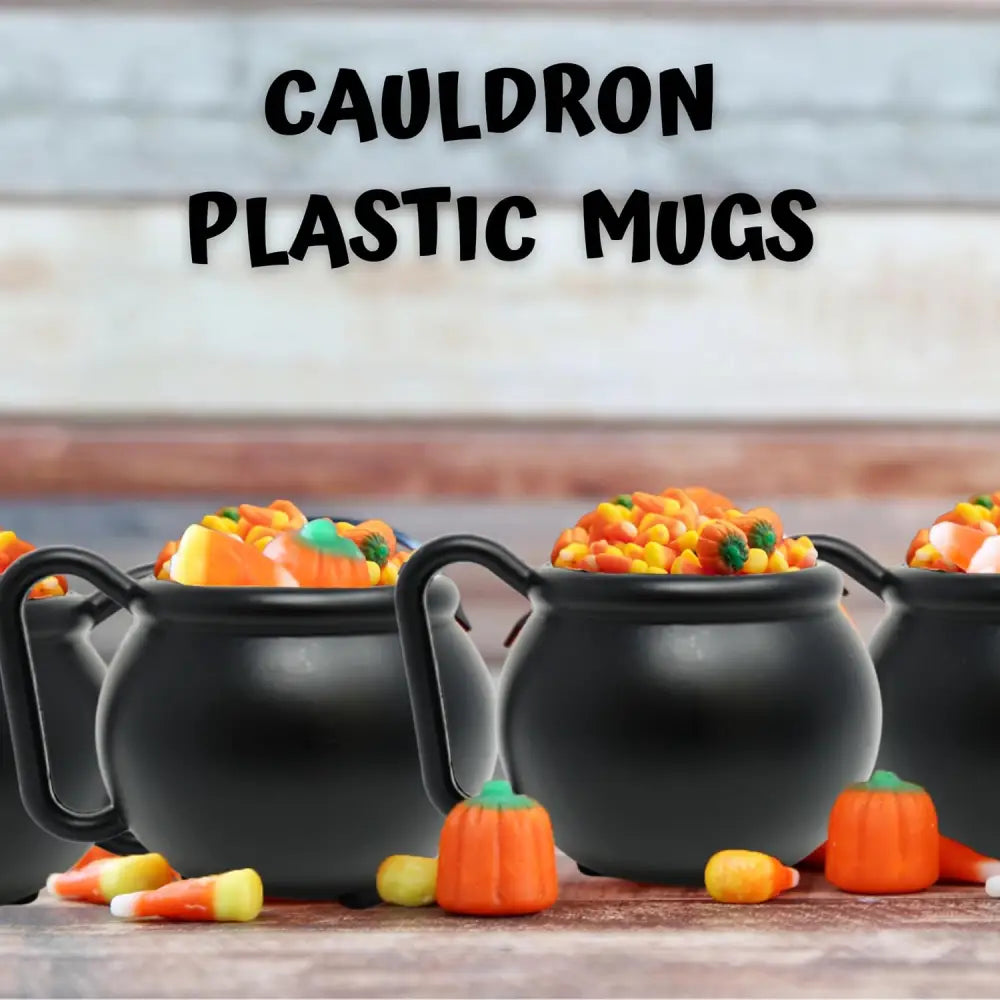 4E’s Novelty Set of 12 Black Cauldron Mugs 12 oz Halloween Cauldron Cups for Drinks Durable BPA-Free Plastic Halloween