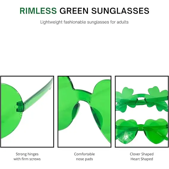 4E’s Novelty Set of 2 Green Sunglasses for Adults - Shamrock & Heart Shaped St. Patrick’s Day Party Accessories