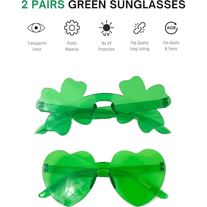 4E’s Novelty Set of 2 Green Sunglasses for Adults - Shamrock & Heart Shaped St. Patrick’s Day Party Accessories