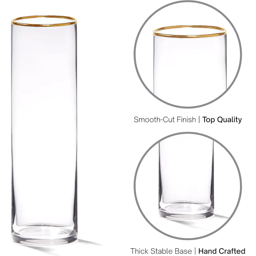 4E’s Novelty Set of 3 Glass Cylinder Vases with Gold Rim – Elegant Centerpieces & Candle Holders