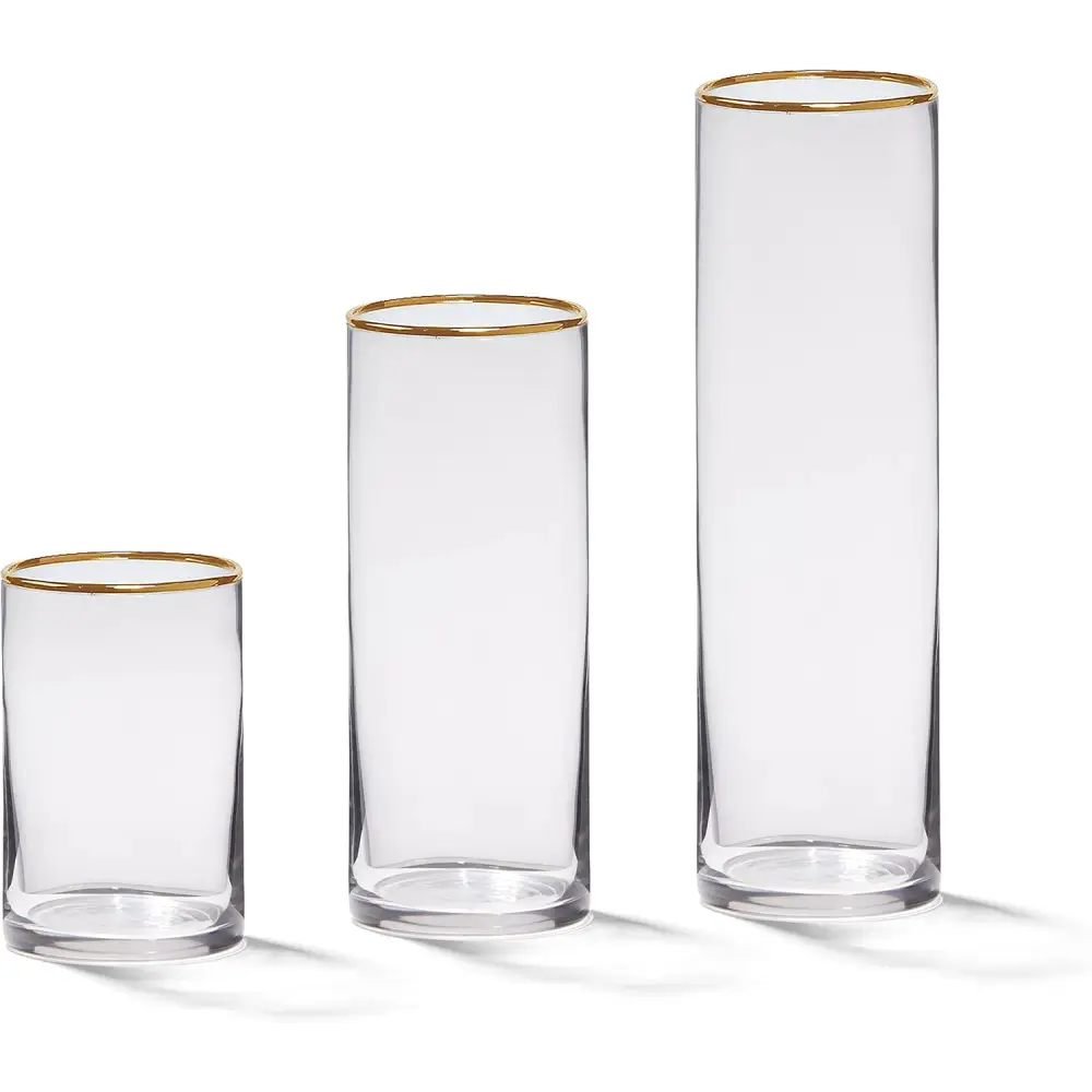 4E’s Novelty Set of 3 Glass Cylinder Vases with Gold Rim – Elegant Centerpieces & Candle Holders