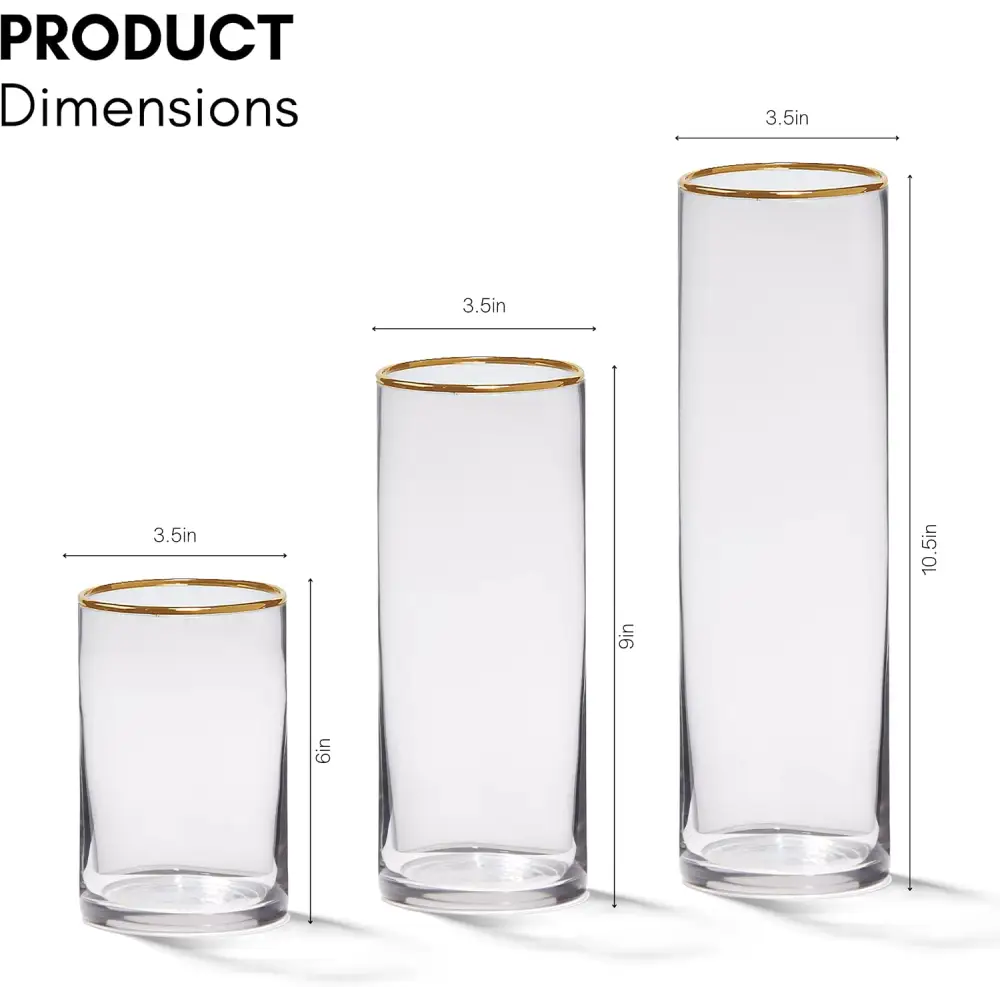 4E’s Novelty Set of 3 Glass Cylinder Vases with Gold Rim – Elegant Centerpieces & Candle Holders