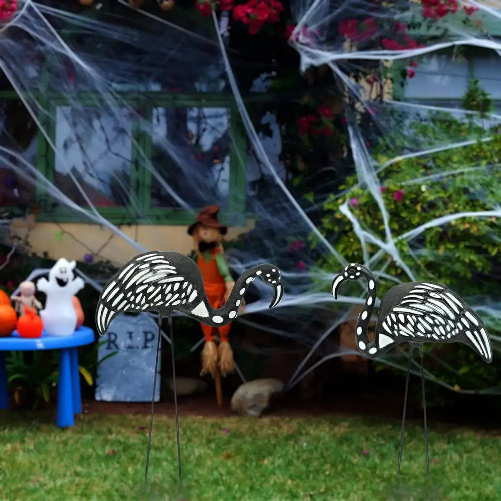 4E’s Novelty Skeleton Flamingo Set of 2 – Large Halloween Yard Decor Black & White Zombie Flamingos