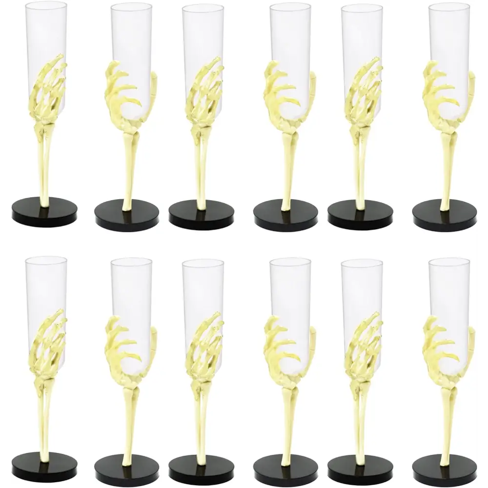 4E’s Novelty Skeleton Hand Flutes 12 Pack - Clear Plastic Halloween Champagne Cocktail Goblets (2.7oz) - Halloween Wine