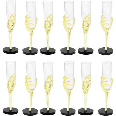 4E’s Novelty Skeleton Hand Flutes 12 Pack - Clear Plastic Halloween Champagne Cocktail Goblets (2.7oz) - Halloween Wine