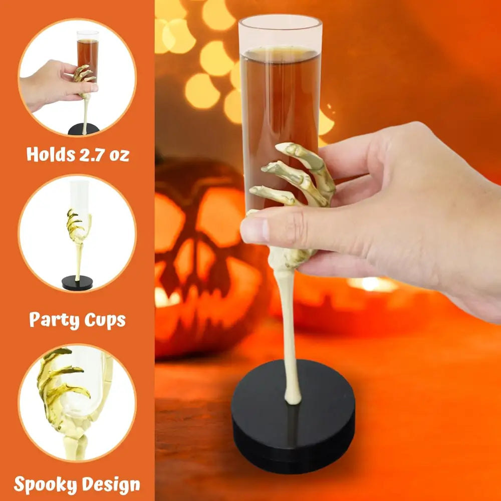 4E’s Novelty Skeleton Hand Flutes 12 Pack - Clear Plastic Halloween Champagne Cocktail Goblets (2.7oz) - Halloween Wine