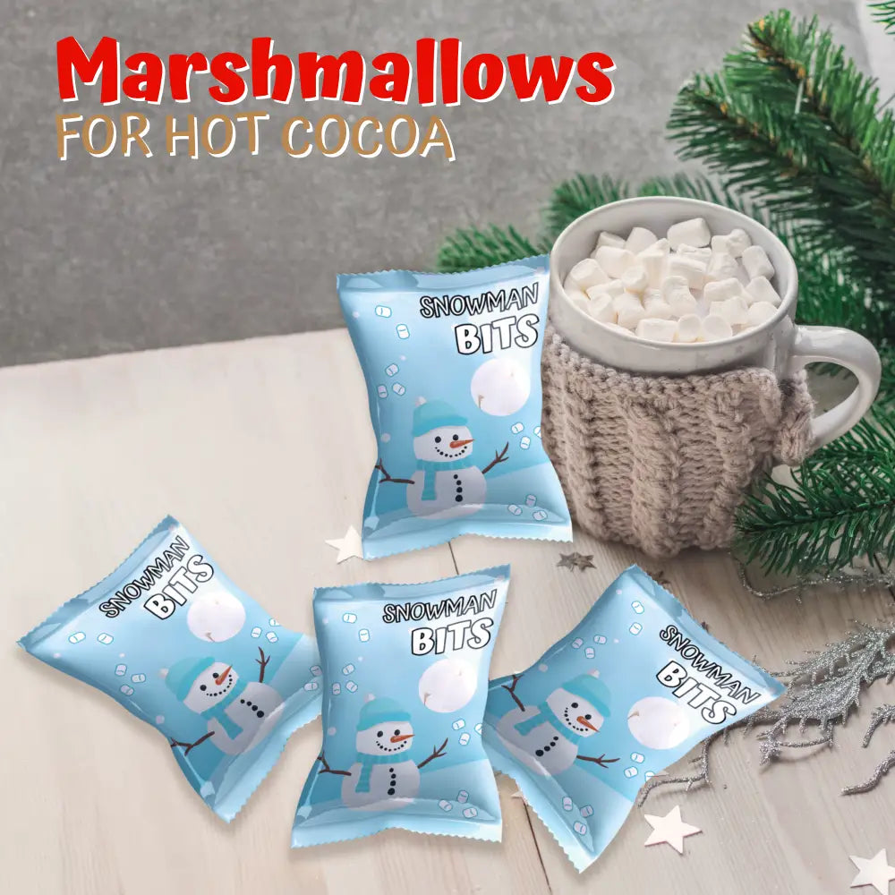 4Eโs Novelty Snowman Bits Mini Marshmallow 50 Packs - Vanilla Flavored Individually Wrapped Marshmallows Packets