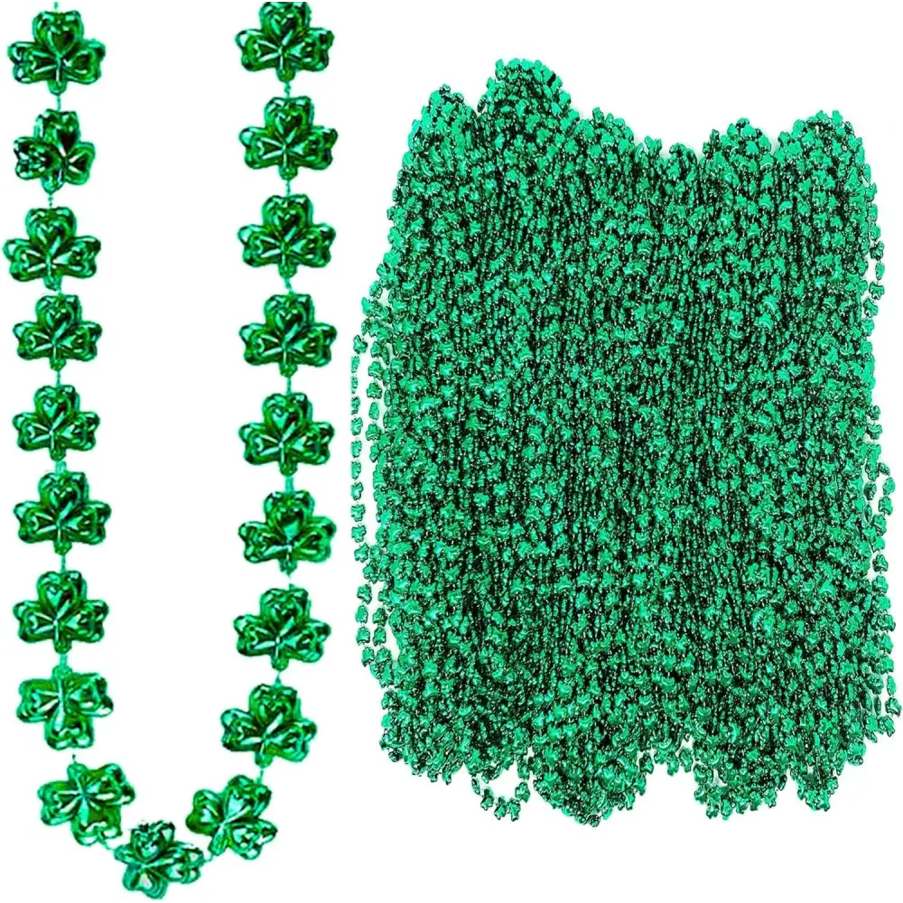 4E’s Novelty St. Patrick’s Day Beads – 12-Pack Shamrock Clover Green Necklaces for Party Favors