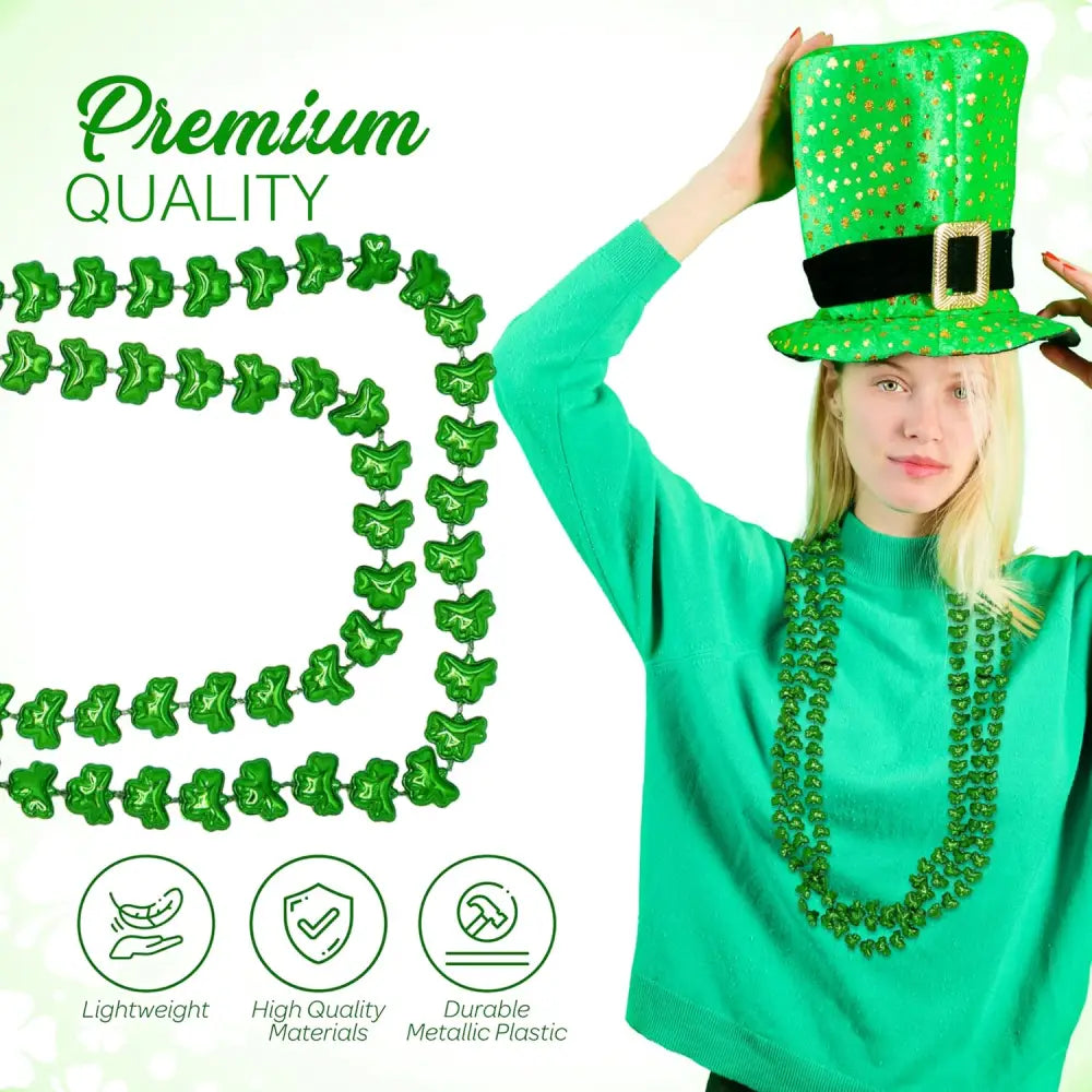 4E’s Novelty St. Patrick’s Day Beads – 12-Pack Shamrock Clover Green Necklaces for Party Favors