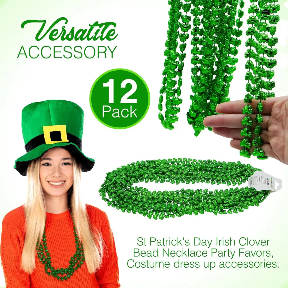 4E’s Novelty St. Patrick’s Day Beads – 12-Pack Shamrock Clover Green Necklaces for Party Favors