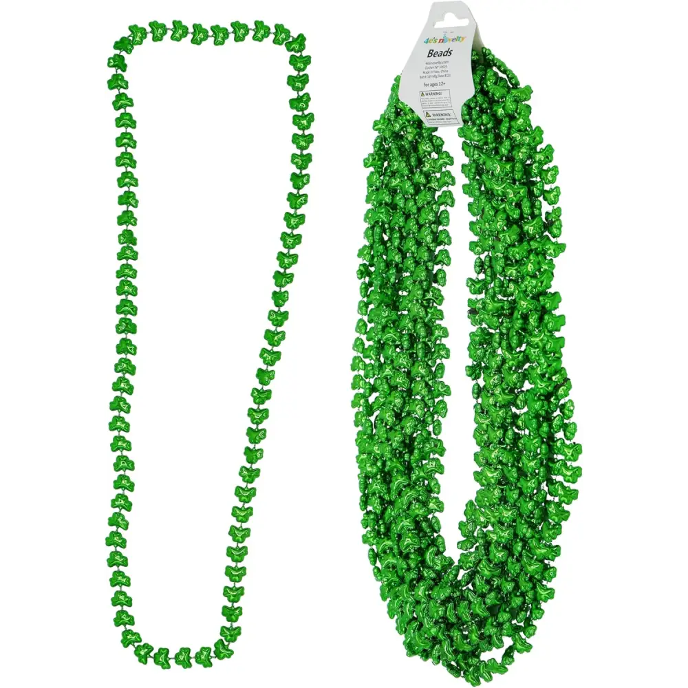 4E’s Novelty St. Patrick’s Day Beads – 12-Pack Shamrock Clover Green Necklaces for Party Favors