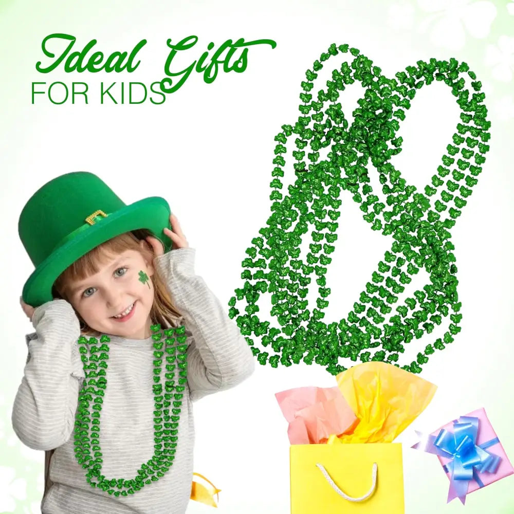 4E’s Novelty St. Patrick’s Day Beads – 12-Pack Shamrock Clover Green Necklaces for Party Favors