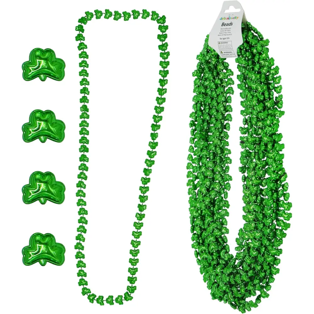 4E’s Novelty St. Patrick’s Day Beads – 12-Pack Shamrock Clover Green Necklaces for Party Favors