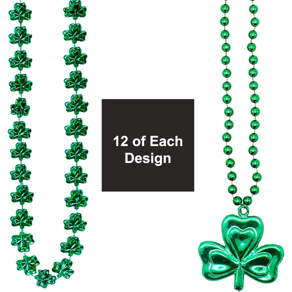 4E’s Novelty St. Patrick’s Day Beads Necklace – 24 Pack Shamrock Green Beads for Party Favors