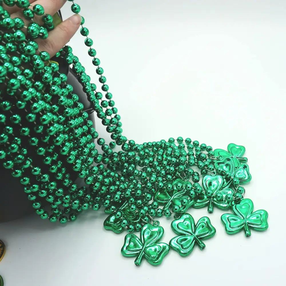4E’s Novelty St. Patrick’s Day Beads Necklace Bulk (24 Pack) – Shamrock Green Beads for Irish Party Favors