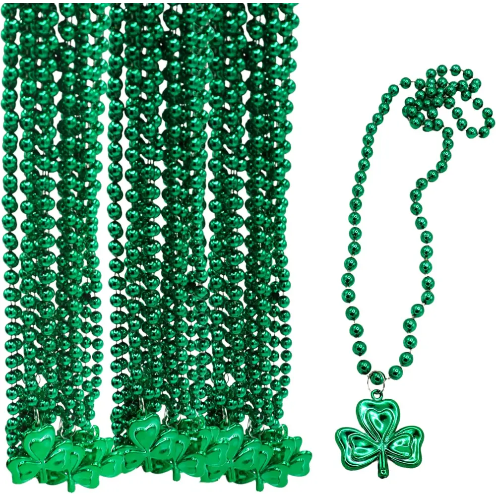 4E’s Novelty St. Patrick’s Day Beads Necklace Bulk (24 Pack) – Shamrock Green Beads for Irish Party Favors
