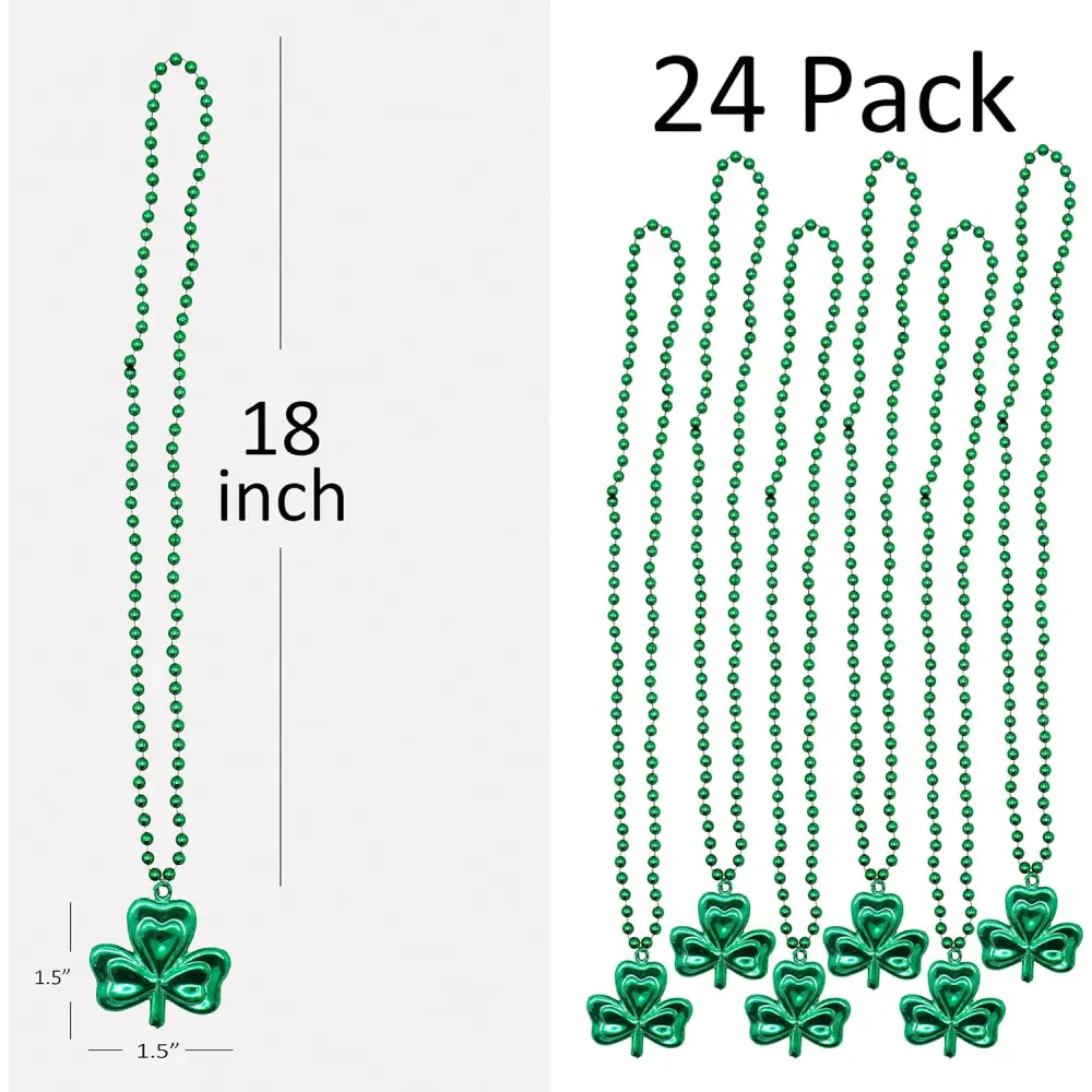 4E’s Novelty St. Patrick’s Day Beads Necklace Bulk (24 Pack) – Shamrock Green Beads for Irish Party Favors