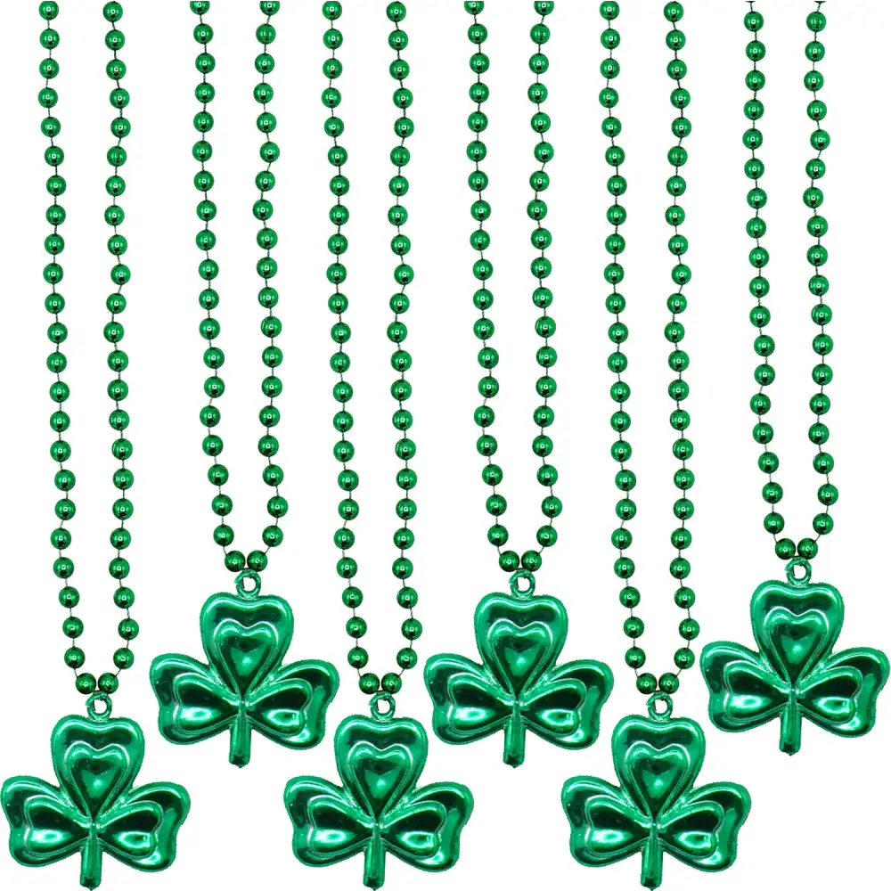 4E’s Novelty St. Patrick’s Day Beads Necklace Bulk (24 Pack) – Shamrock Green Beads for Irish Party Favors