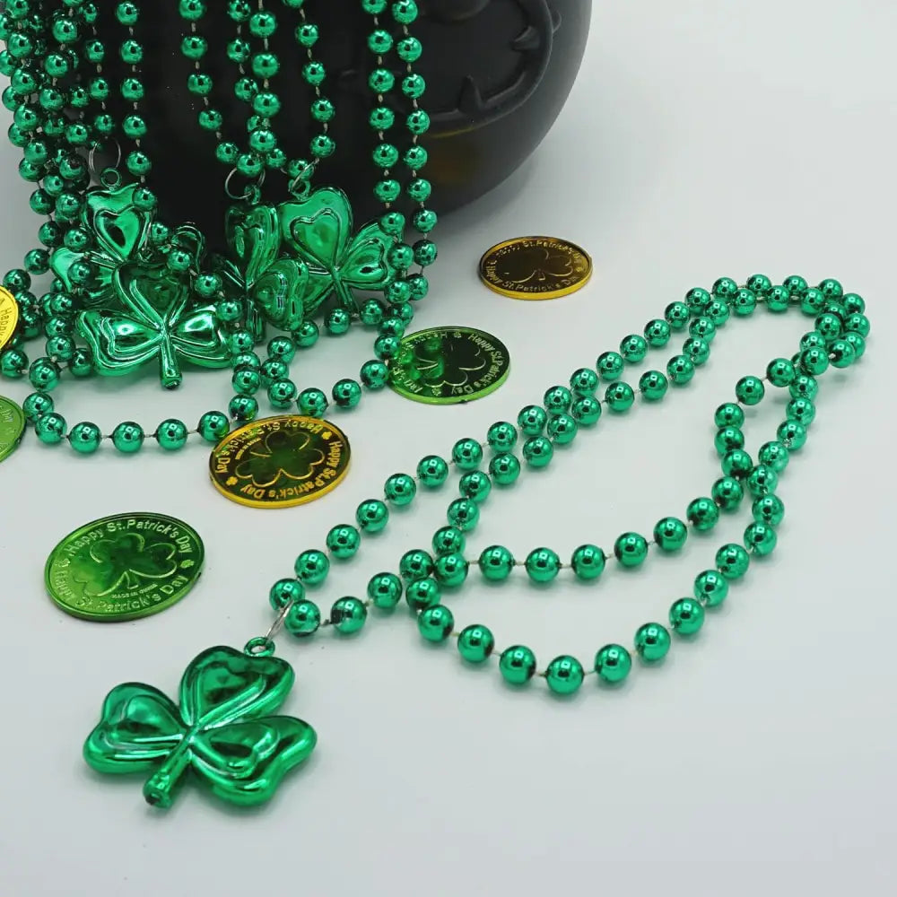4E’s Novelty St. Patrick’s Day Beads Necklace Bulk (24 Pack) – Shamrock Green Beads for Irish Party Favors