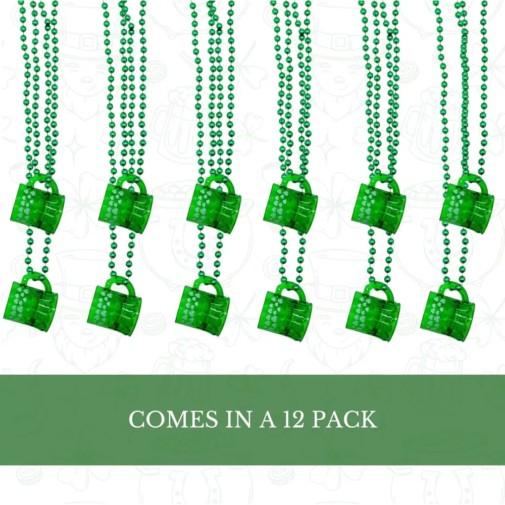 4E’s Novelty St. Patrick’s Day Beads Necklace With Shot Glasses Beer Mug - Pack of 12 Shamrock Party Favors & Costume