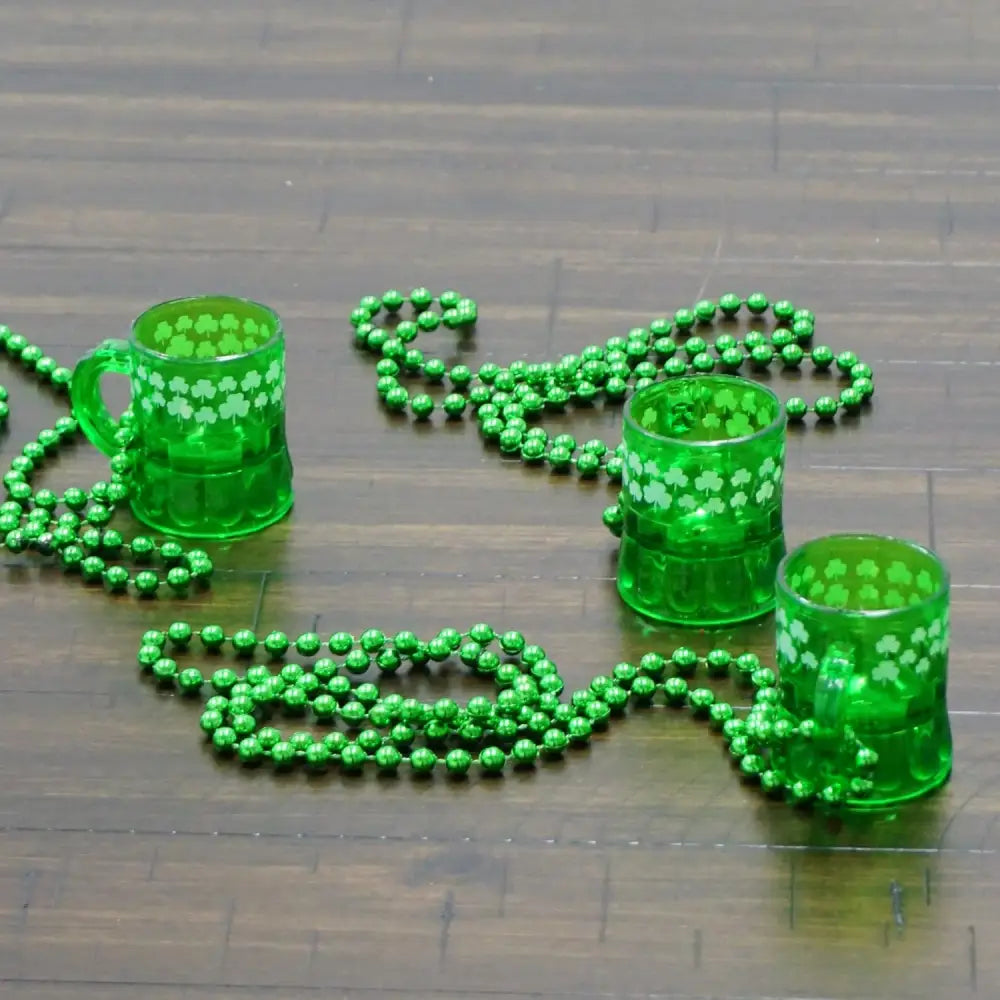 4E’s Novelty St. Patrick’s Day Beads Necklace With Shot Glasses Beer Mug - Pack of 12 Shamrock Party Favors & Costume