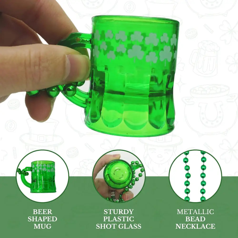 4E’s Novelty St. Patrick’s Day Beads Necklace With Shot Glasses Beer Mug - Pack of 12 Shamrock Party Favors & Costume