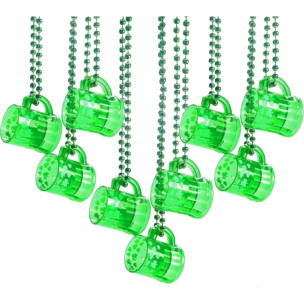 4E’s Novelty St. Patrick’s Day Beads Necklace With Shot Glasses Beer Mug - Pack of 12 Shamrock Party Favors & Costume