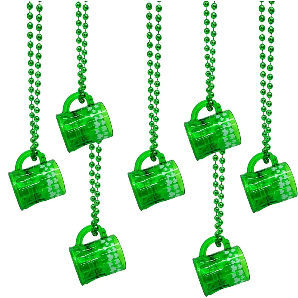 4E’s Novelty St. Patrick’s Day Beads Necklace With Shot Glasses Beer Mug - Pack of 12 Shamrock Party Favors & Costume