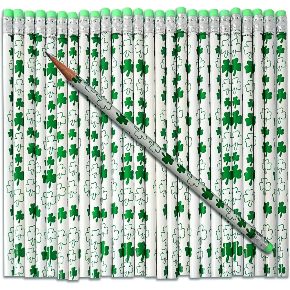 4E’s Novelty St. Patrick’s Day Pencils – 30-Pack Green & White Shamrock Pencils for Party Favors