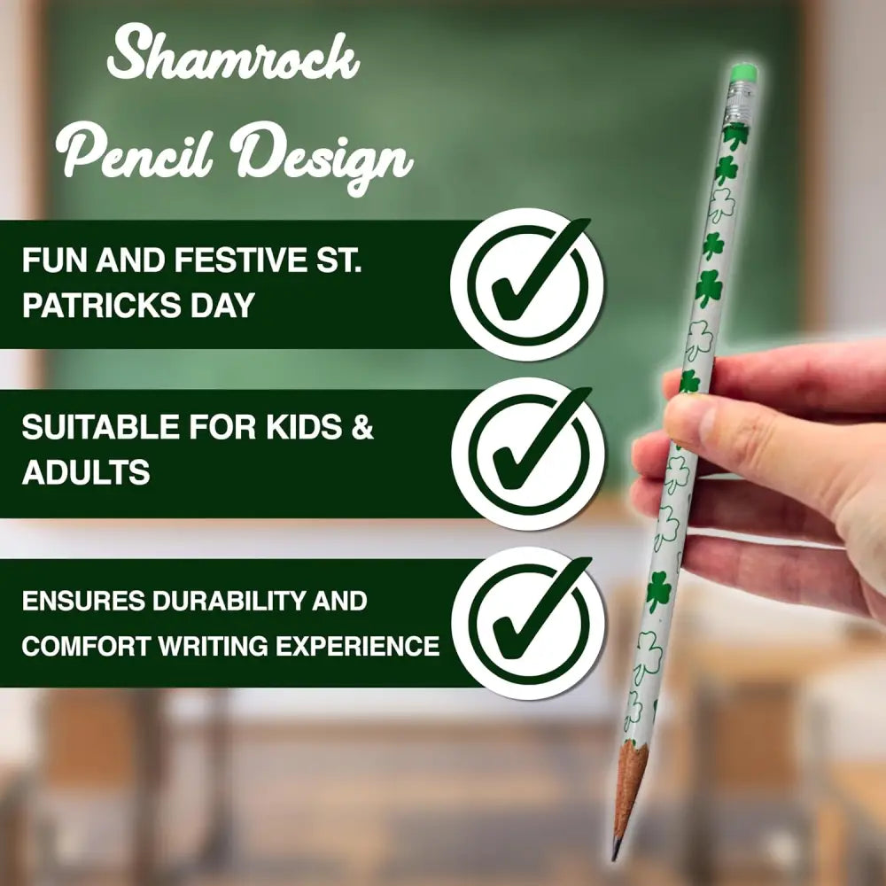 4E’s Novelty St. Patrick’s Day Pencils – 30-Pack Green & White Shamrock Pencils for Party Favors