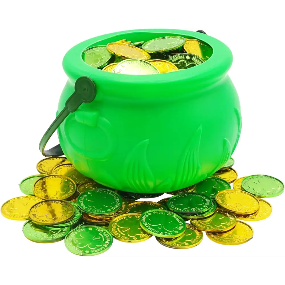 4E’s Novelty St. Patrick’s Day Pot of Gold with 100 Lucky Coins – Leprechaun Decorations Green & Gold Coins for Irish