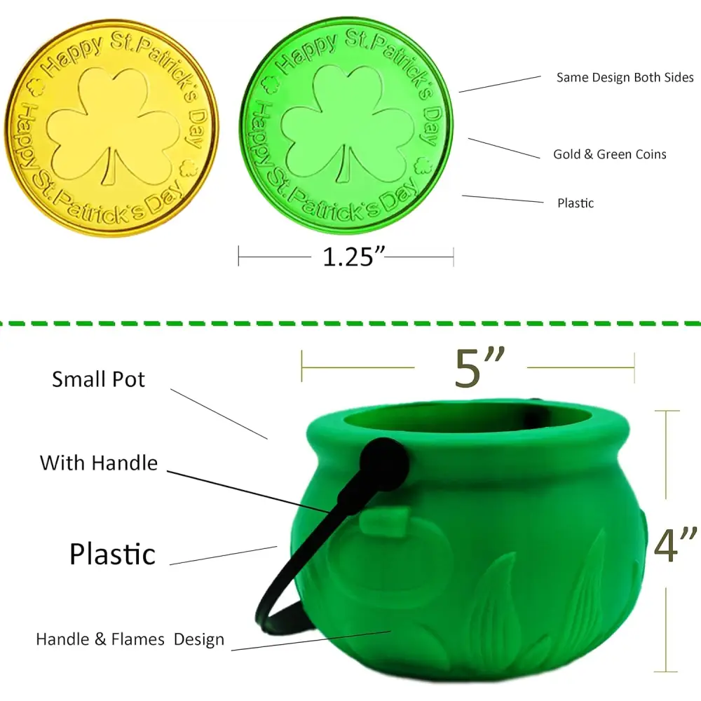 4E’s Novelty St. Patrick’s Day Pot of Gold with 100 Lucky Coins – Leprechaun Decorations Green & Gold Coins for Irish