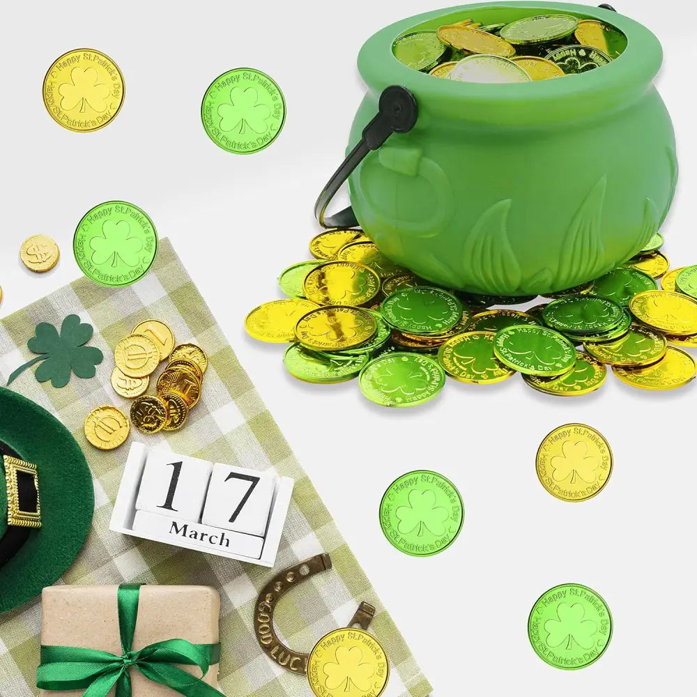 4E’s Novelty St. Patrick’s Day Pot of Gold with 100 Lucky Coins – Leprechaun Decorations Green & Gold Coins for Irish