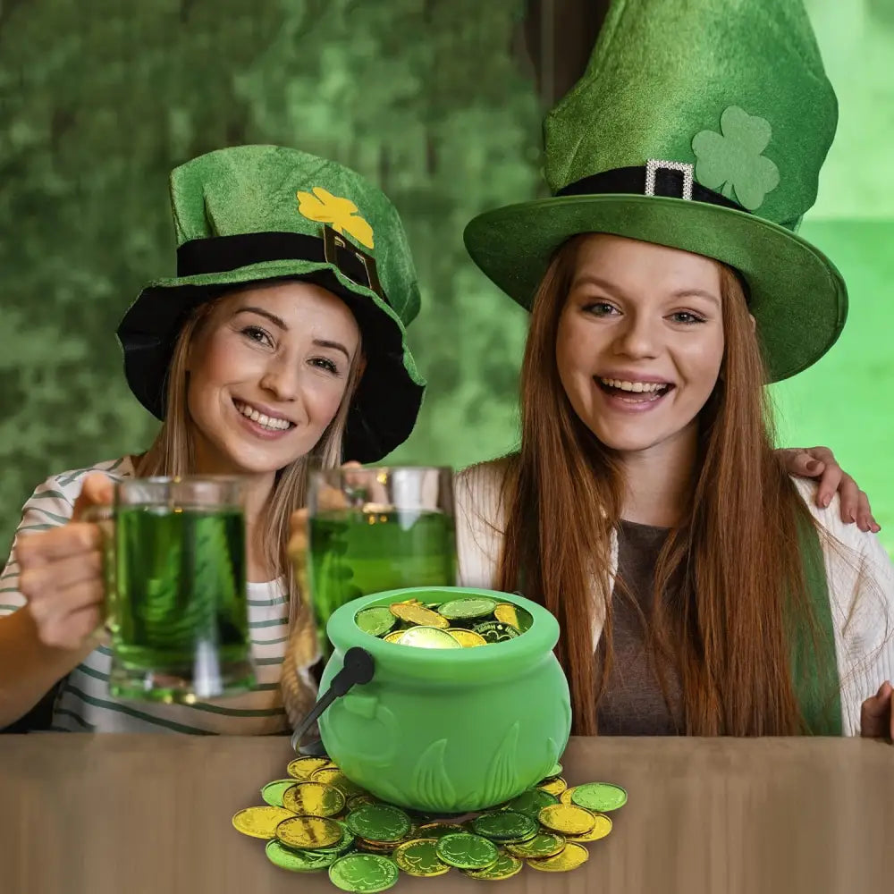 4E’s Novelty St. Patrick’s Day Pot of Gold with 100 Lucky Coins – Leprechaun Decorations Green & Gold Coins for Irish
