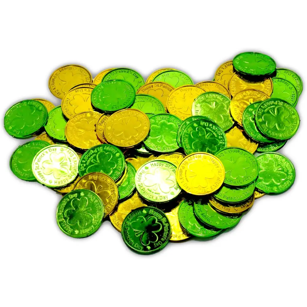 4E’s Novelty St. Patrick’s Day Pot of Gold with 100 Lucky Coins – Leprechaun Decorations Green & Gold Coins for Irish