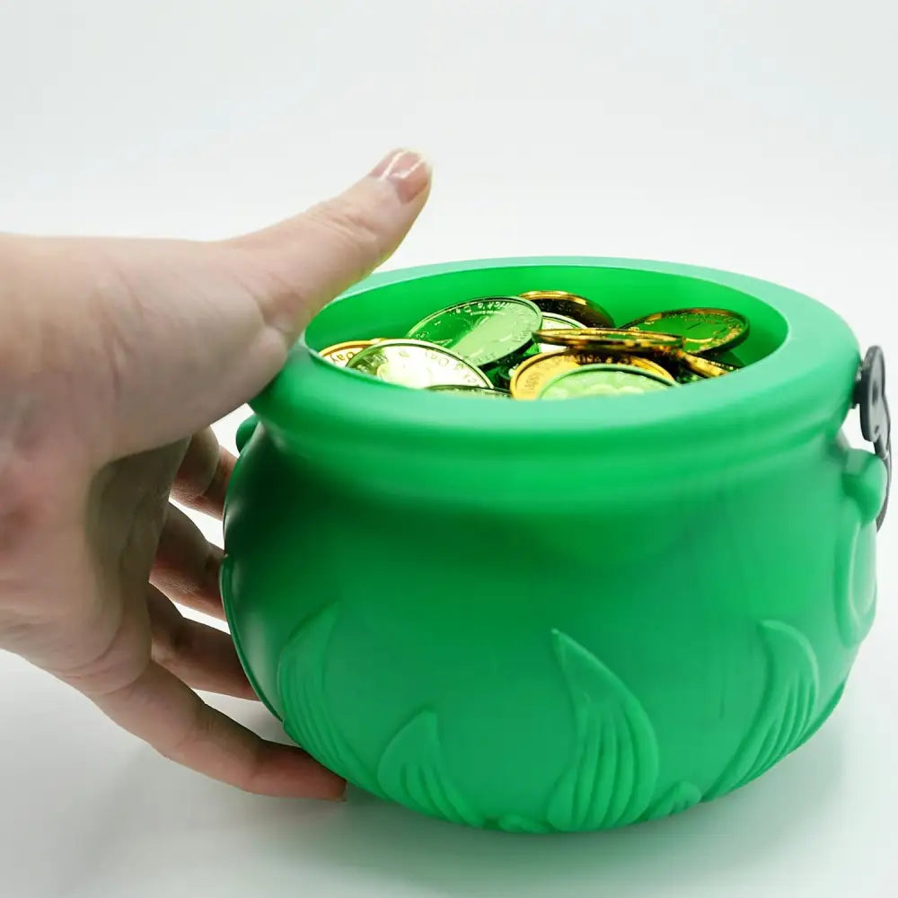 4E’s Novelty St. Patrick’s Day Pot of Gold with 100 Lucky Coins – Leprechaun Decorations Green & Gold Coins for Irish