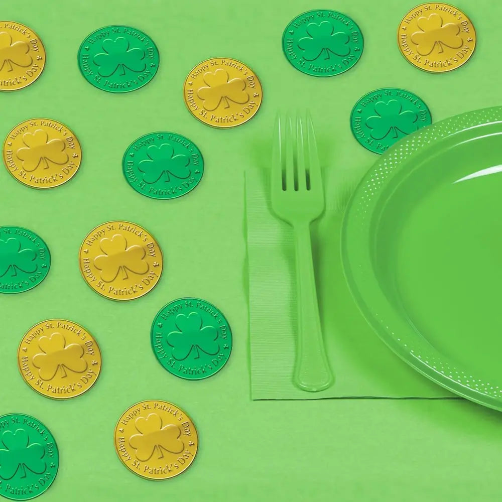4E’s Novelty St. Patrick’s Day Pot of Gold with 100 Lucky Coins – Leprechaun Decorations Green & Gold Coins for Irish